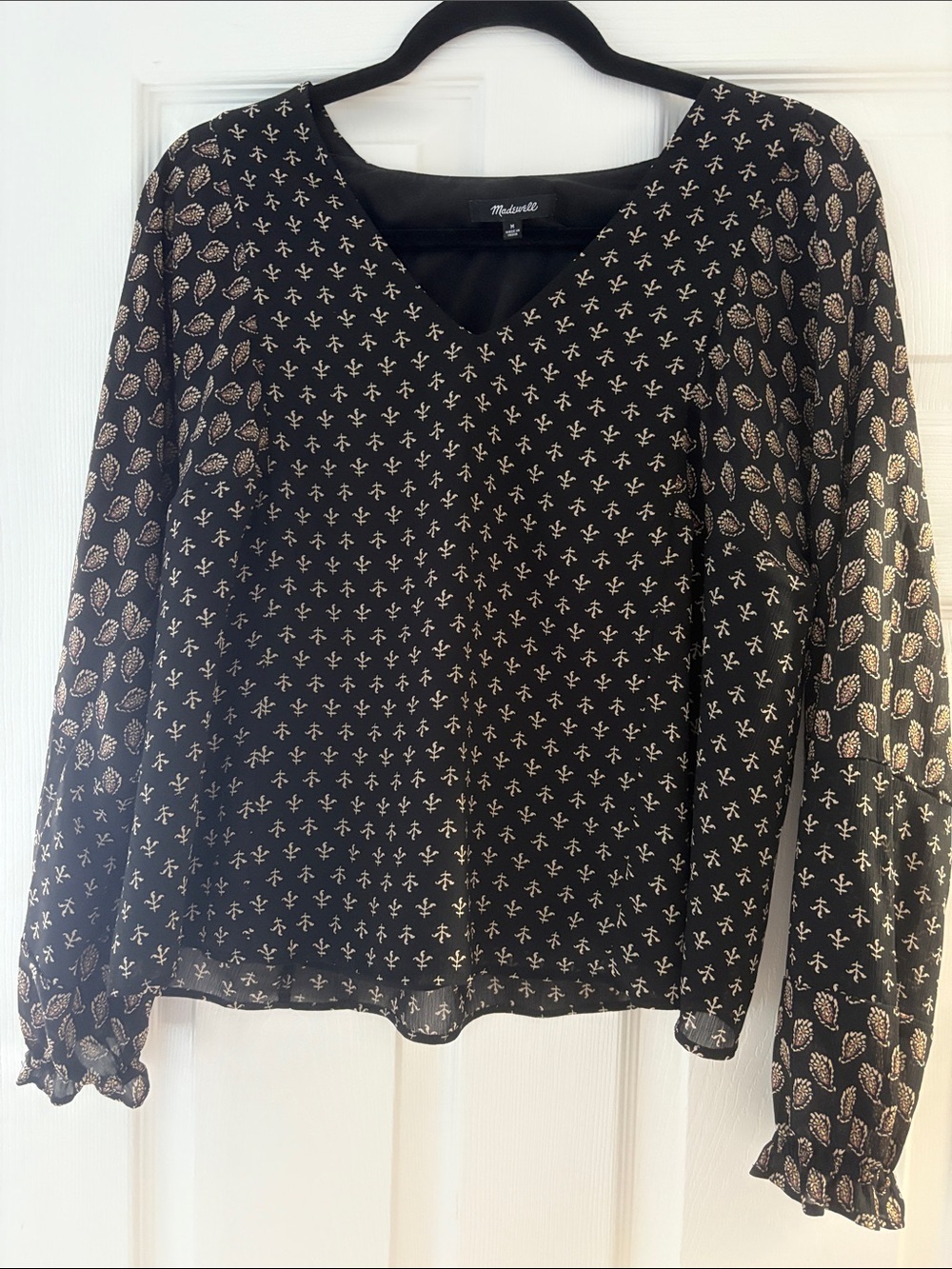 Madewell Black V-Neck Printed Long-Sleeve Top Size M